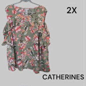 Catherines  Cold Shoulder Floral Georgette Ruffle Blouse Top  Womens Plus 3X NEW